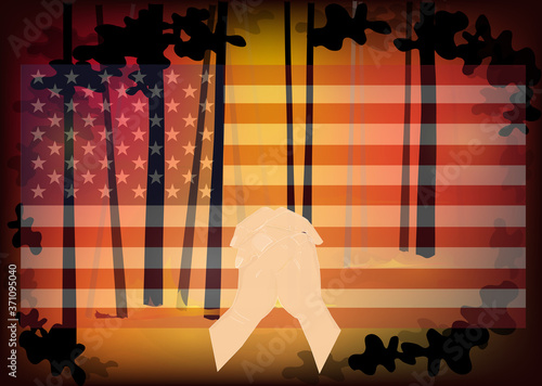 Wildfires in Angeles National Forest, California, USA, Pray for California with Parying hands on the united states of america national flag and forest fire background, Save USA concept, sign symbol.