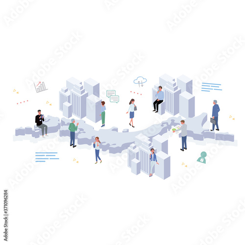 日本で働く人々　ビルとアイコンと人々　イラスト　アイソメトリック
