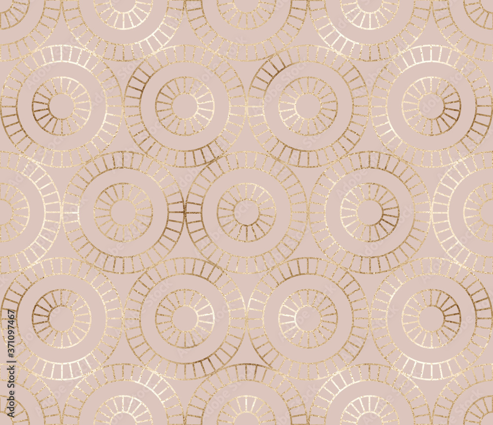 Geometric ethnic seamless pattern with gold circle tiles.
