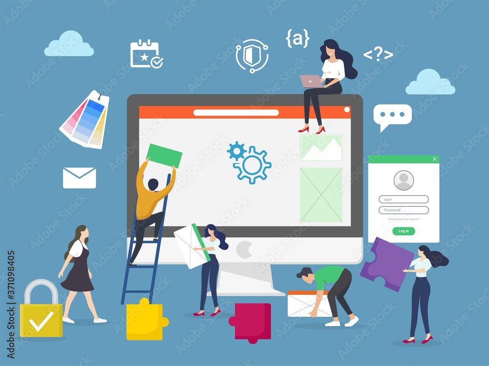 Young people create web site design. Concept online workplace, man and woman at work, employee, administrator, landing page. Vector illustration