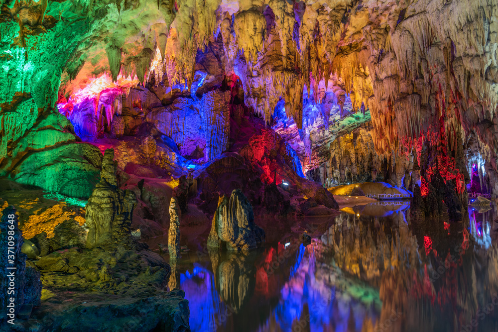 Underground cave stalactites and groundwater landscape