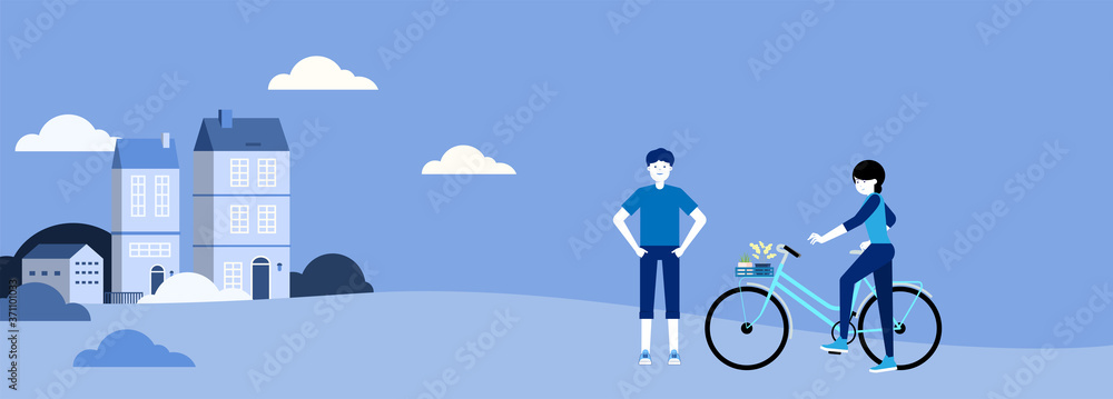 People cycling and walking in rural towns. vector illustration. People cycling and walking in rural towns. vector illustration.