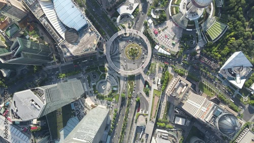 Aerial view of Shanghai downtown Lujiazui financial district drone top view cityscape. Cozy drone point of view footage. Tourism travel business financial concept. Skyscrapers city street urban view.