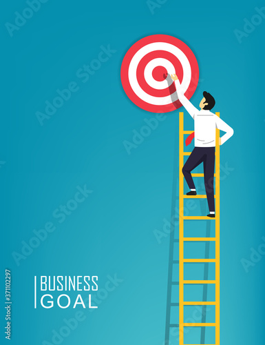 Businessman character is climbing a ladder aim to the target symbol illustration. Step by step to be a success in business and career achievement.