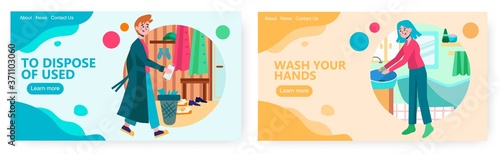 Man discard face mask to trash bin when back home. Woman wash hand in bathroom. Coronavirus prevention and hygiene concept illustration. Vector web site design template