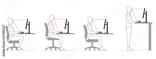 パソコンでデスクワークする人間の姿勢。　椅子の高さ