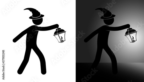 Happy Halloween Day, stick man in sorcerer masquerade hat lights the way with a lantern. Road lighting at night. Search for a way out of a difficult situation. Black and white vector