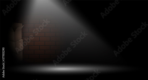 bright beam illuminates dark alley in big city. Way out of difficult, crisis situation. Brick wall in gateway. Background, illustration for design. Crime on streets at night. Realistic vector
