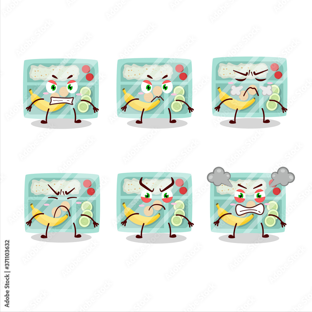 Lunch box cartoon character with various angry expressions