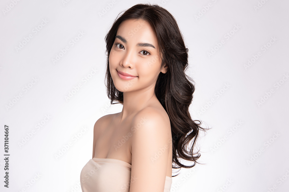 Beautiful Young asian Woman with Clean Fresh Skin, on white background, Face care, Facial treatment, Cosmetology, beauty and spa, Asian women portrait