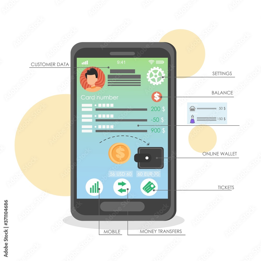 Smartphone with mobile banking app on screen, vector flat illustration Smartphone with mobile banking app on screen, vector flat illustration