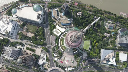 Aerial view of Shanghai downtown Lujiazui financial district skyline and cityscape. Cozy drone point of view footage. Tourism travel concept. Shanghai Oriental Pearl TV Tower and Huangpu River
