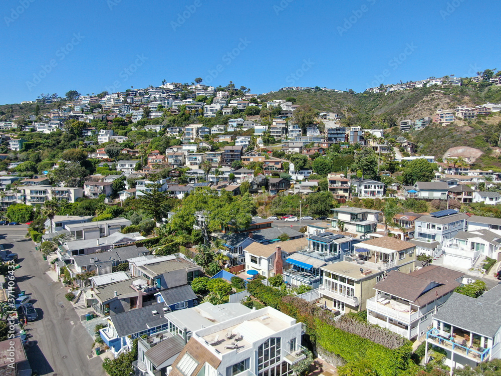 Aerial view of Laguna Beach coastline town with houses on the hills, Southern California Coastline, USA Aerial view of Laguna Beach coastline town with houses on the hills, Southern California Coastline, USA