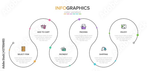 Concept of shopping process with 6 successive steps. Six colorful graphic elements. Timeline design for brochure, presentation, web site. Infographic design layout.