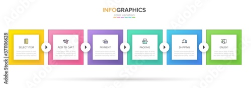 Concept of shopping process with 6 successive steps. Six colorful graphic elements. Timeline design for brochure, presentation, web site. Infographic design layout.