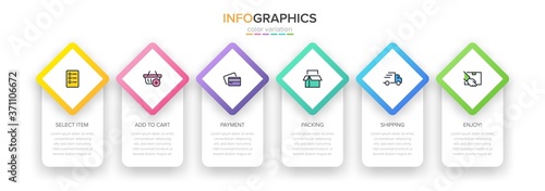 Concept of shopping process with 6 successive steps. Six colorful graphic elements. Timeline design for brochure, presentation, web site. Infographic design layout.
