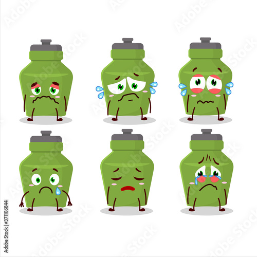 Green drink bottle cartoon character with sad expression