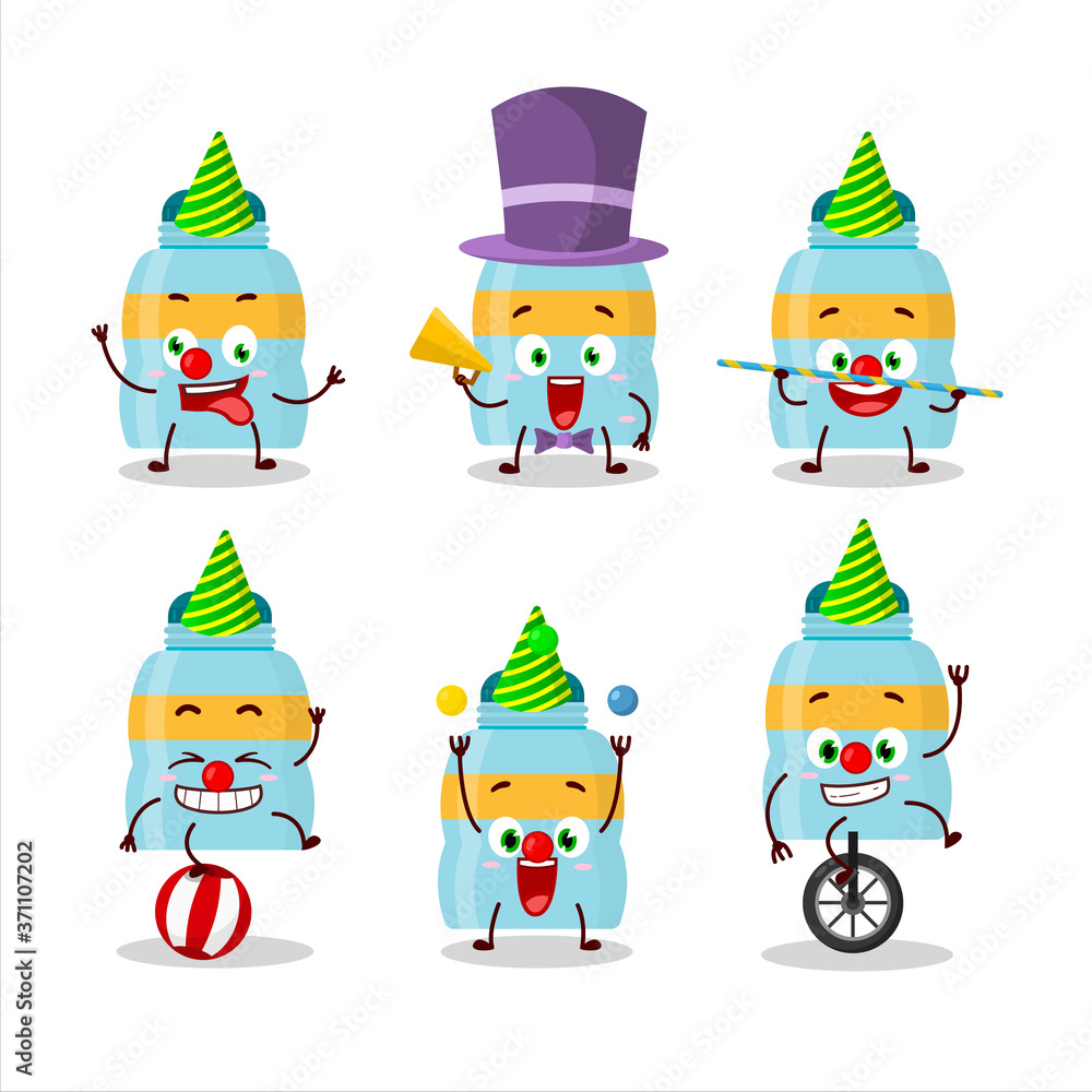 Cartoon character of drink bottle with various circus shows Cartoon character of drink bottle with various circus shows