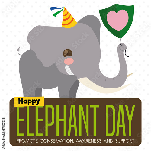 Elephant with Party Hat, Balloon and Sign Celebrating its Celebratory Day, Vector Illustration