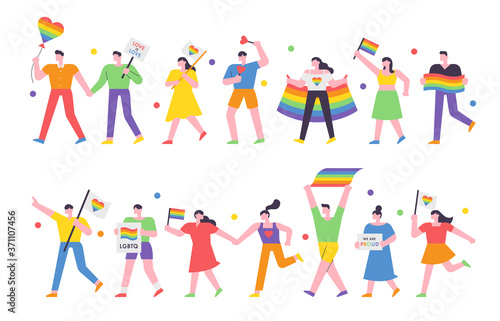 LGBT people are marching with rainbow flags and pickets. flat design style minimal vector illustration.