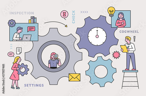 Factory with huge gears. Business people are working together. flat design style minimal vector illustration.