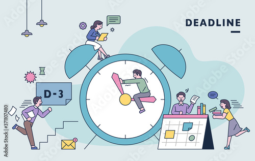 There is a huge clock and people are busy working to meet the deadline. flat design style minimal vector illustration.