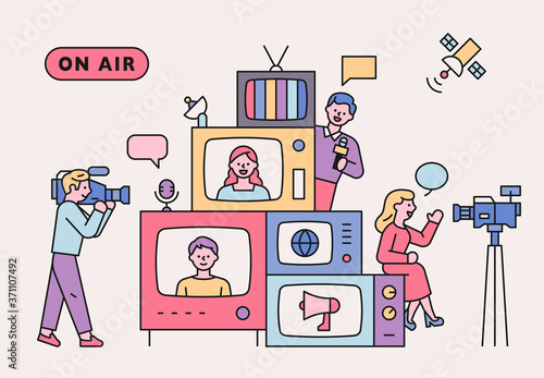 Retro televisions are piled up. There are people around you who report news. flat design style minimal vector illustration.