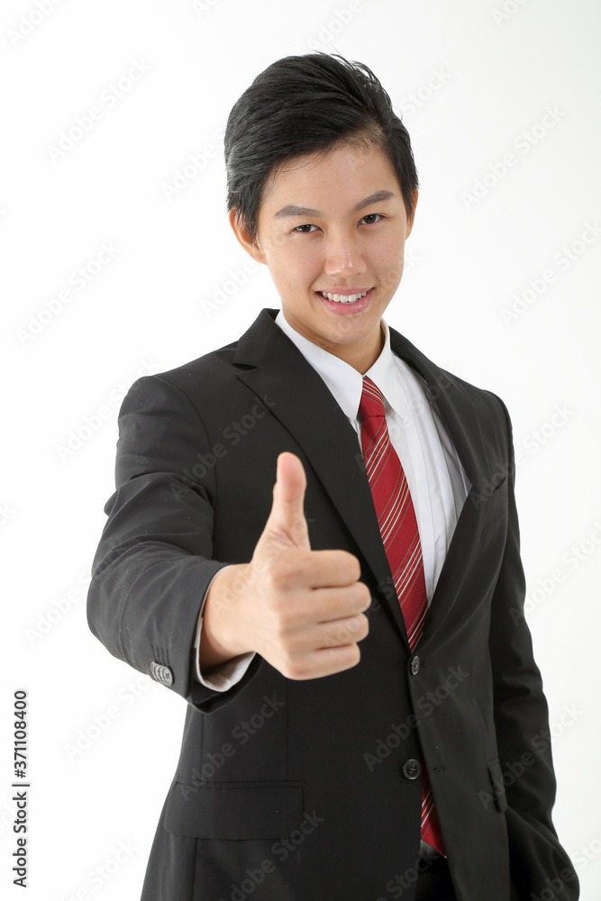 South East Asian young Chinese man wearing formal business office ware on white thumbs up South East Asian young Chinese man wearing formal business office ware on white thumbs up
