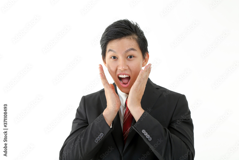 South East Asian young Chinese man wearing formal business office ware on white pose surprised look at camera hand on cheek South East Asian young Chinese man wearing formal business office ware on white pose surprised look at camera hand on cheek