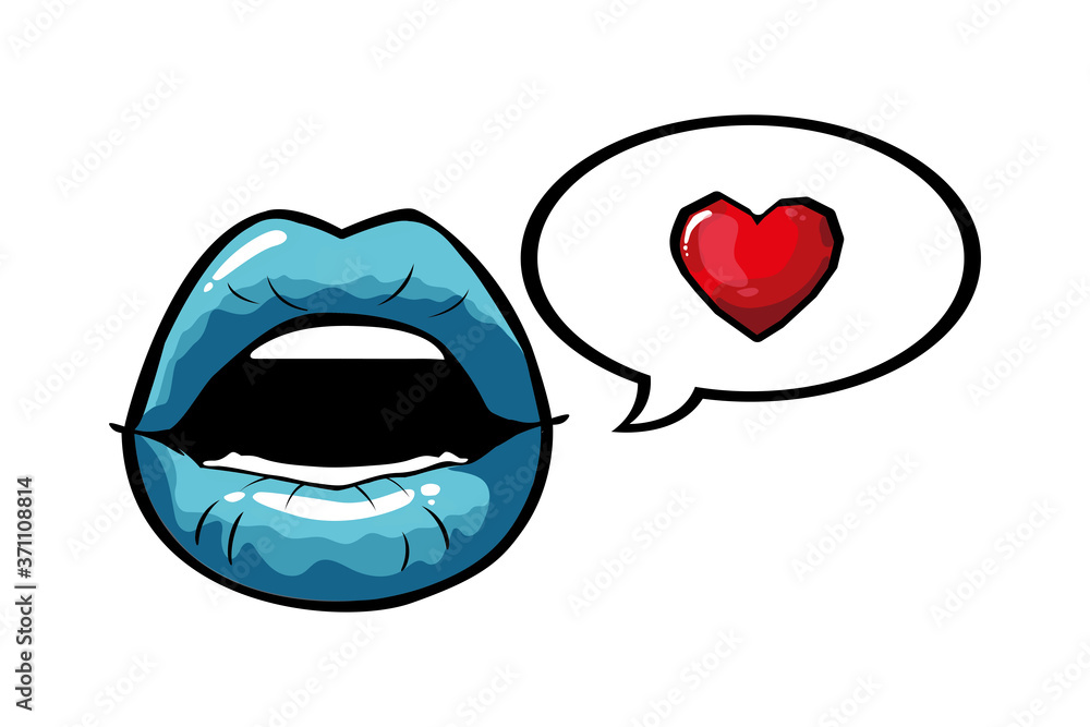 female and blue pop art mouth with bubble and heart vector design female and blue pop art mouth with bubble and heart vector design
