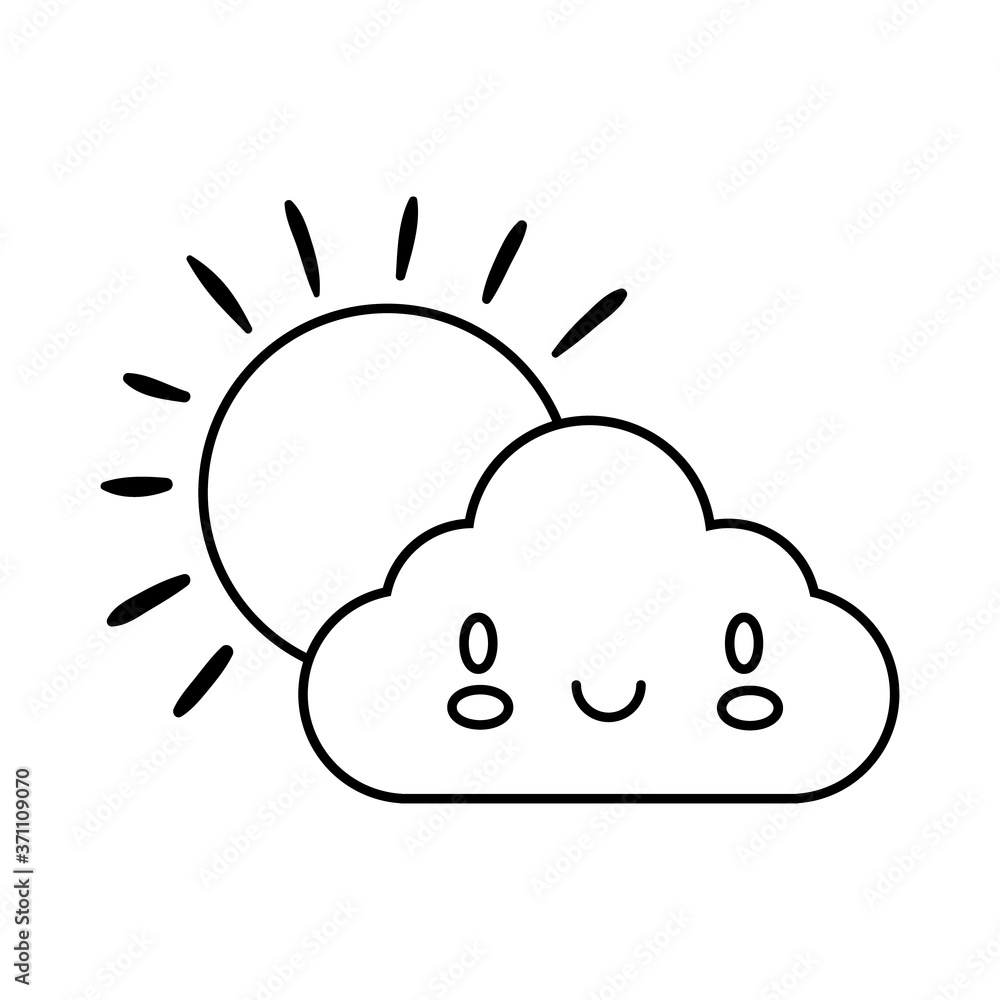 cloud with sun kawaii comic character line style cloud with sun kawaii comic character line style