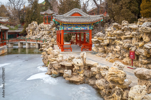 Jingxin (Peaceful Heart) Studio built in 1756. It's a favorite retreat of Emperor Qianlong, situated at the north end of Beihai Park in Beijing, China photo