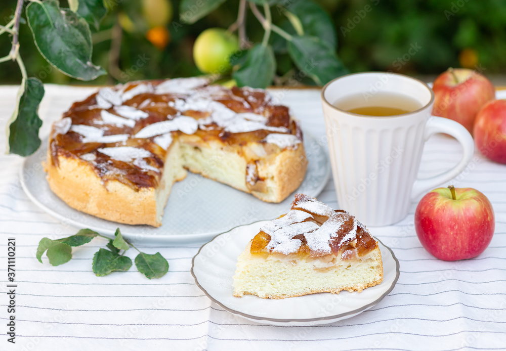 slice of homemade apple pie sprinkled with powdered sugar and a mug of tea. outdoor. classic autumn dessert. slice of homemade apple pie sprinkled with powdered sugar and a mug of tea. outdoor. classic autumn dessert.
