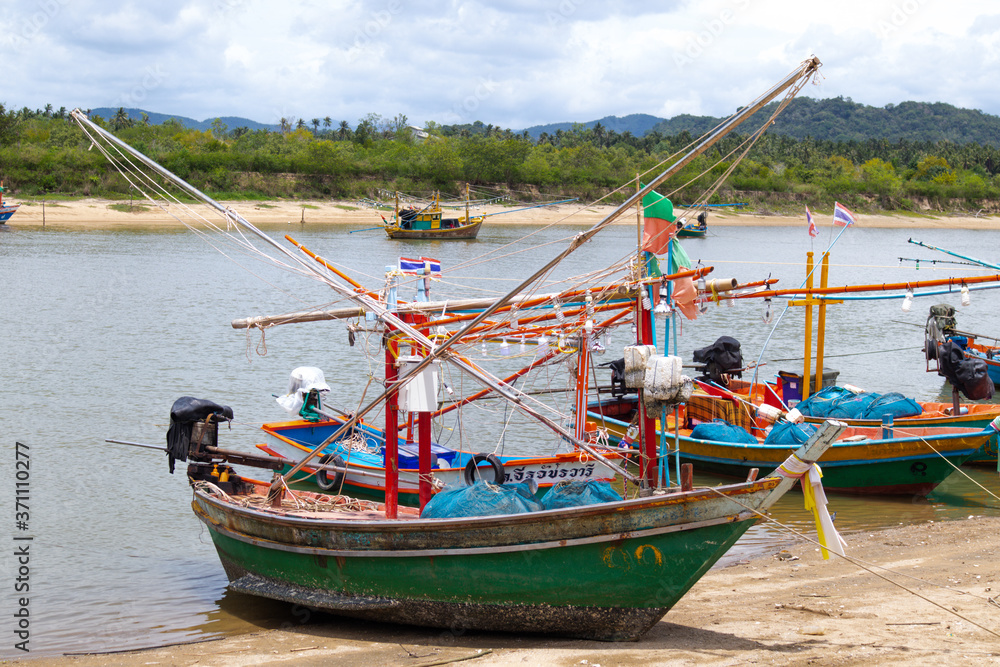 Prachuap Khiri Khan, Thailand 12 August 2020. Fishing ports lined with fishing boats.