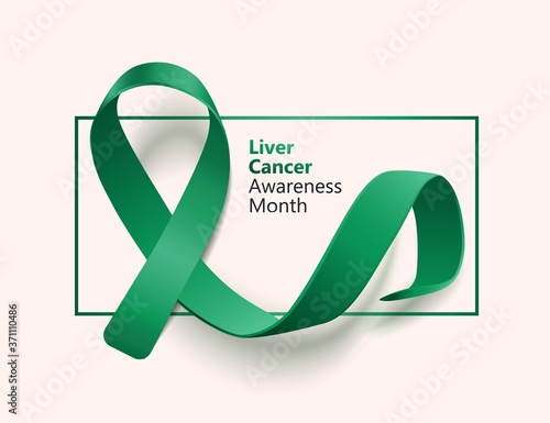 Liver cancer awareness month banner with emerald green realistic ribbon loop
