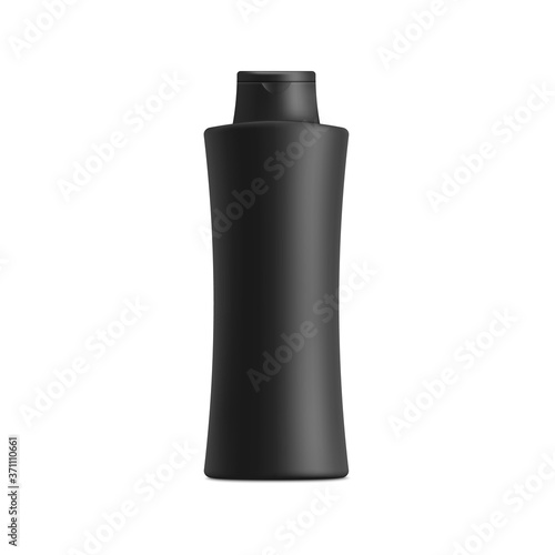 Mockup of black shampoo container or bottle 3d vector illustration isolated.
