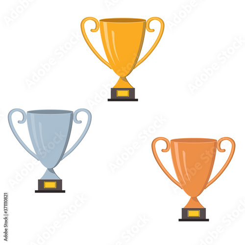 three cups for congratulating athletes gold, silver and bronze, color vector illustration, clipart, design, decoration, icon, sign, sketch, banner, logo