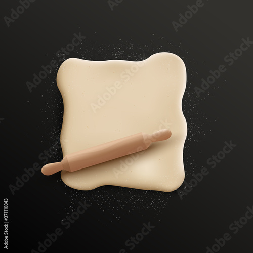 Realistic rolled dough sprinkled with white flour isolated on black background