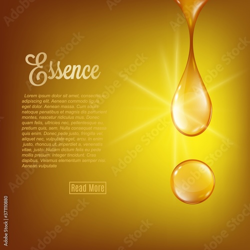 Golden essence oil drops on background 3d realistic vector illustration.
