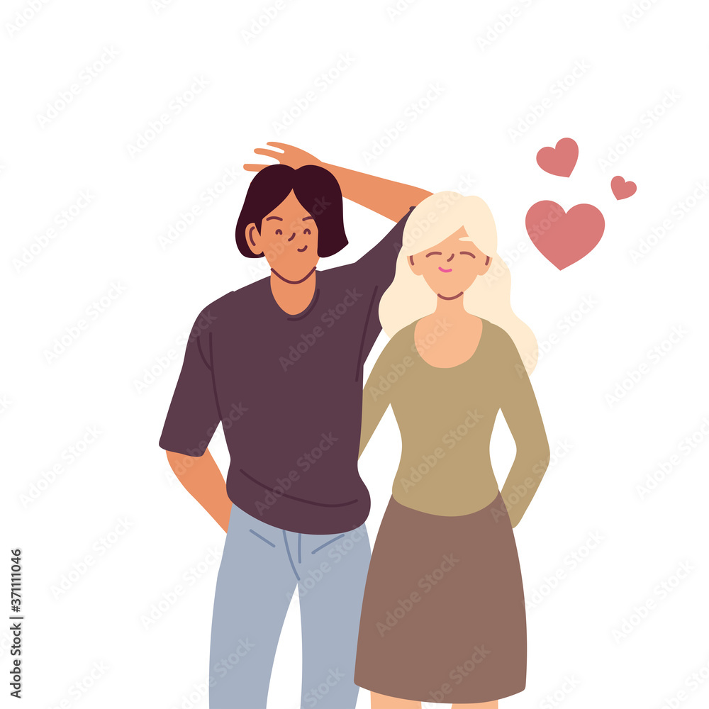 Couple of woman and man cartoons with hearts vector design Couple of woman and man cartoons with hearts vector design