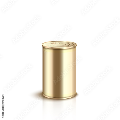 Realistic gold tin can with smooth shiny metal surface and sealed pull ring lid.