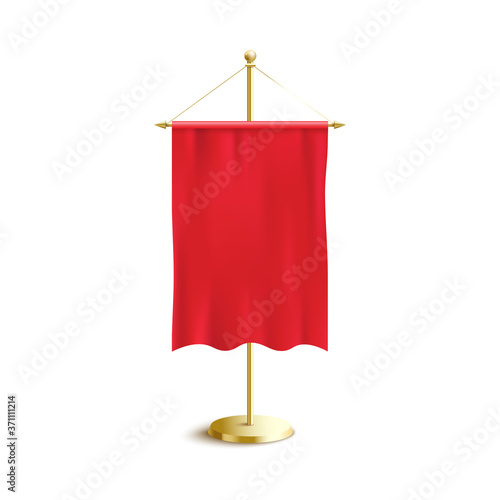 Realistic red silky pennant banner hanging from golden pole stand
