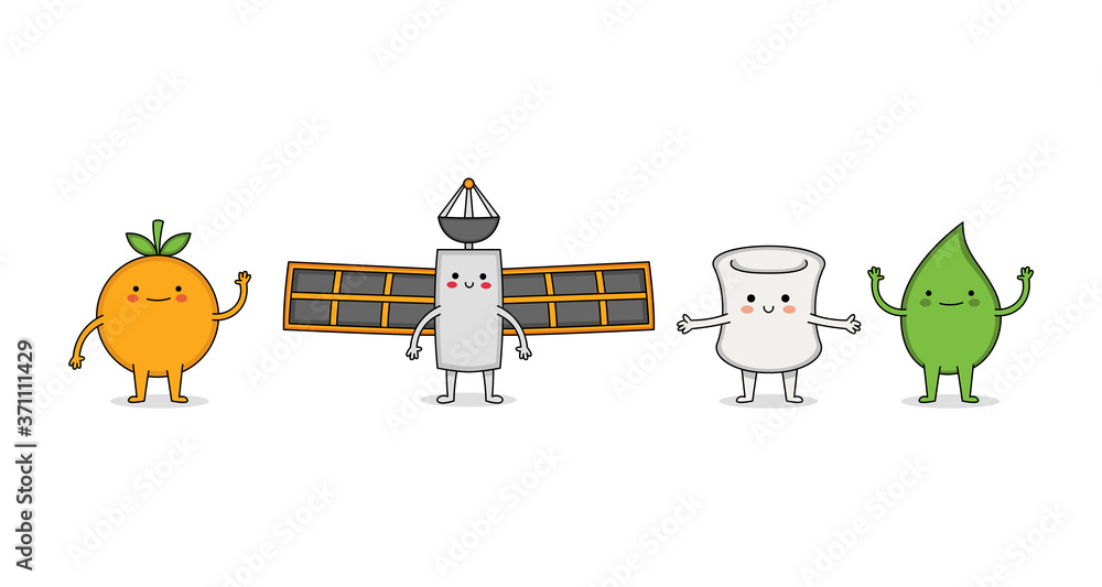 Fototapeta premium Cute random cartoon character set 12 orange, satellite, marshmallow and wasabi