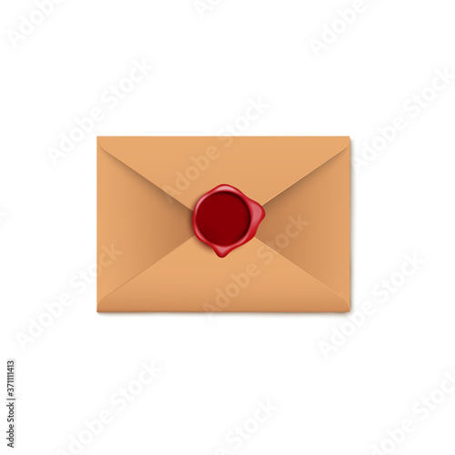Brown paper letter envelope with dark red wax seal isolated on white background