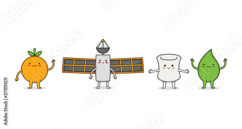 Cute random cartoon character set 12 orange, satellite, marshmallow and wasabi