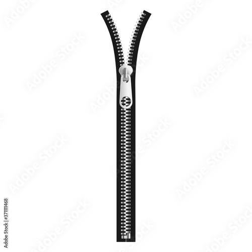 Opening or closing silver metal zipper on black tape with realistic texture