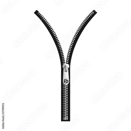 Half-opened silver zipper on black tape isolated on white background