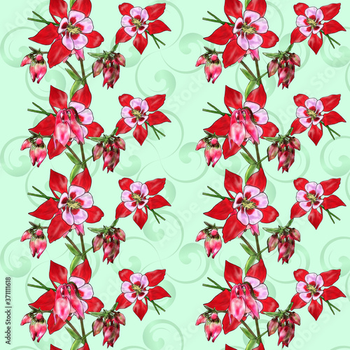 An illustration consisting of graphic and plant elements. An ornament of randomly arranged flowers  leaves and bouquets close-up. Resource for printing on paper or fabric  seamless background.