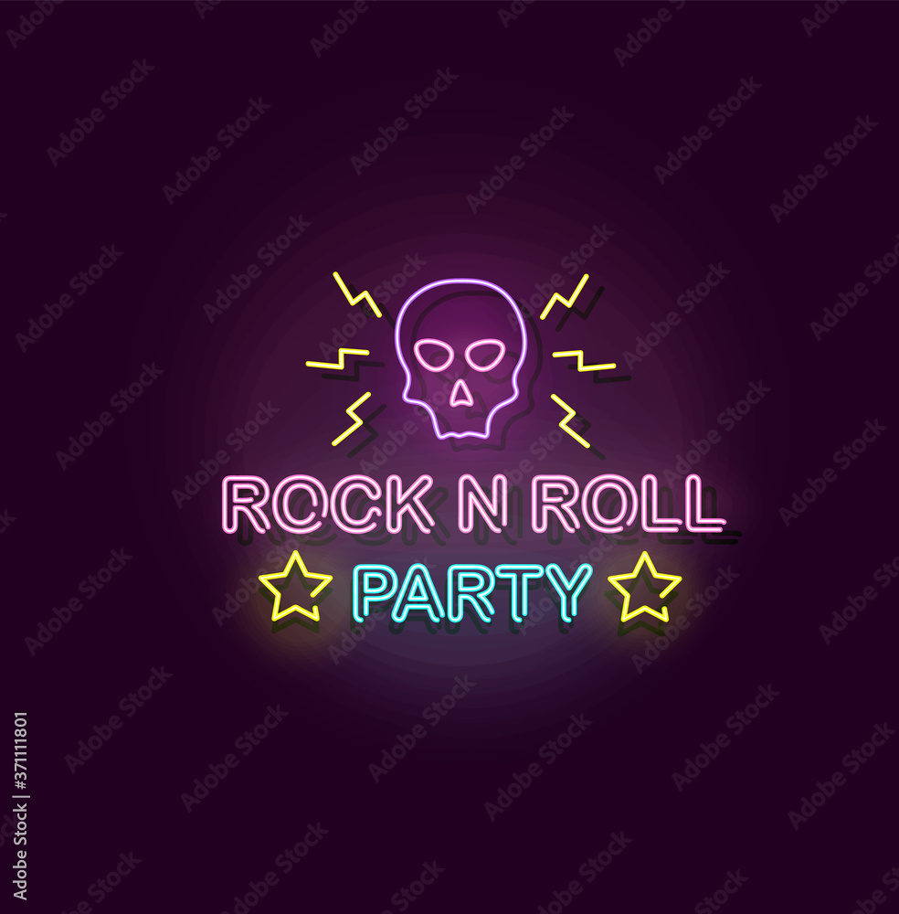 Rock and Roll Party neon lights banner vector realistic illustration isolated. Rock and Roll Party neon lights banner vector realistic illustration isolated.