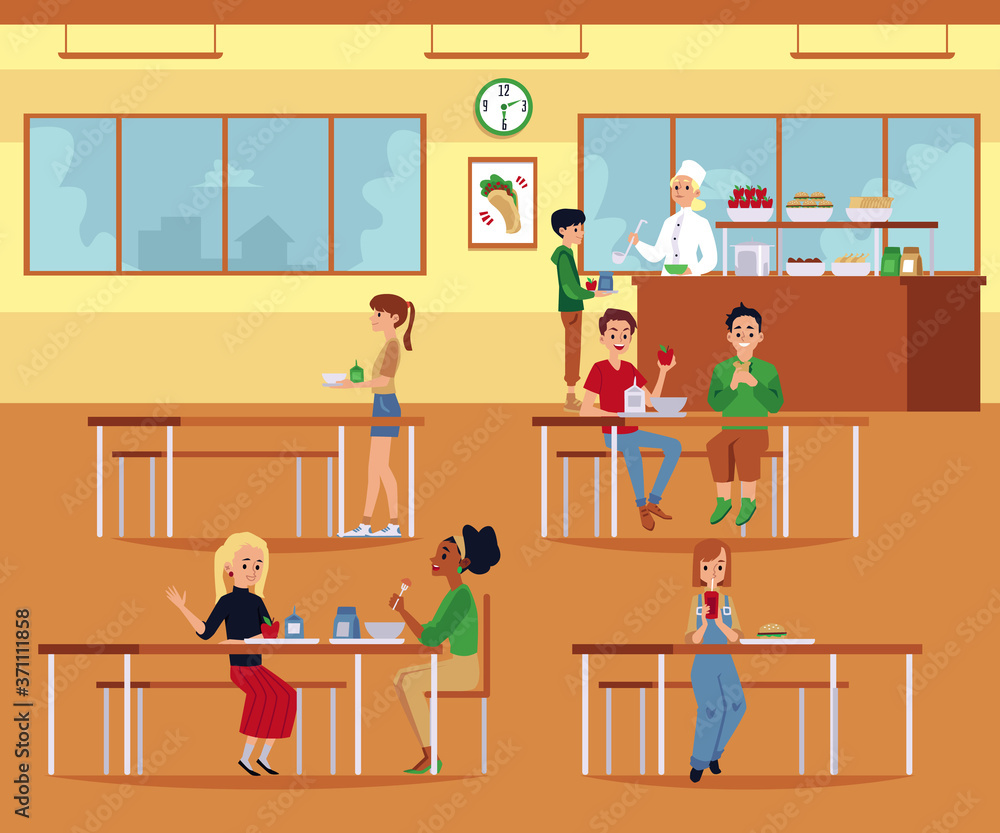 Flat school cafeteria room interior with children sitting eating lunch at tables Flat school cafeteria room interior with children sitting eating lunch at tables